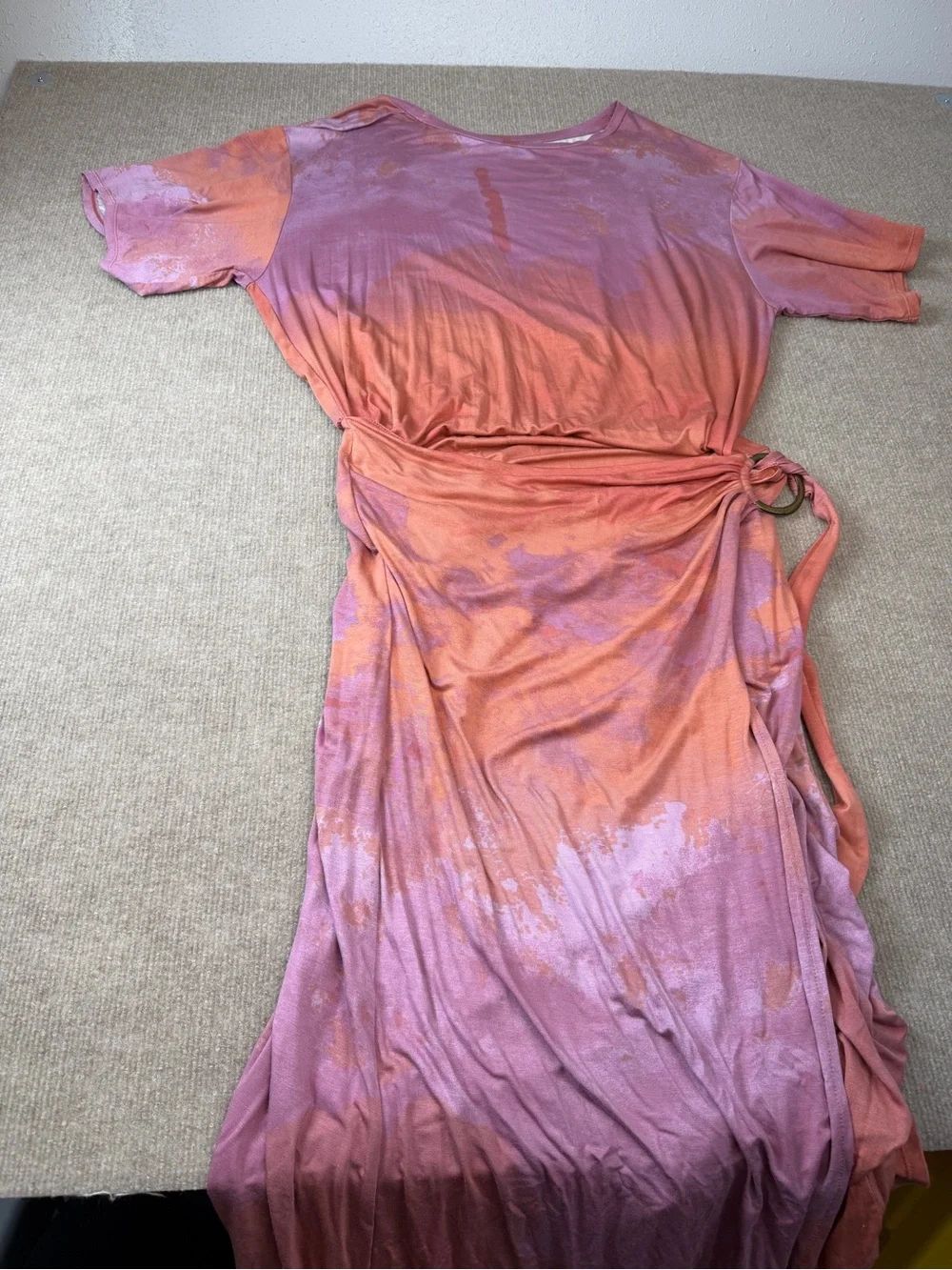 Free People Alyssa Wrap Dress Tie-Dye in Pink and Orange Boho Adjustable D Ring - Picture 5 of 14